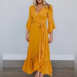 Baltic Born Daniella Yellow Marigold Ruffle Wrap Midi Dress XL New